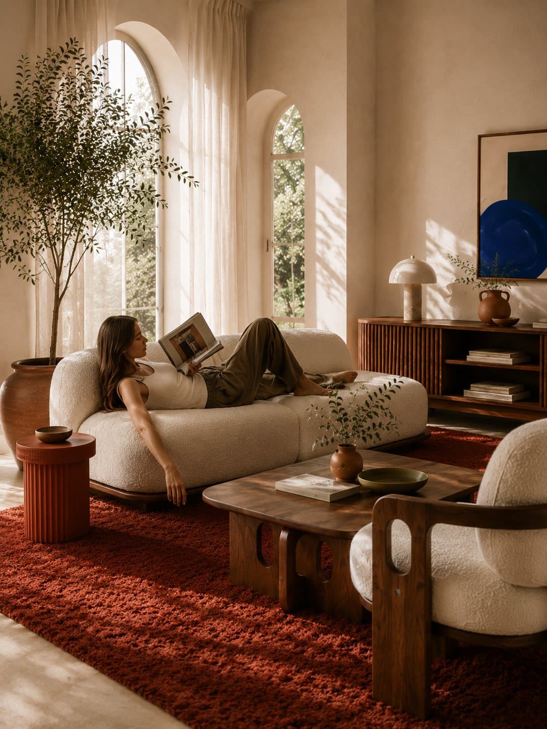 A woman stretched out reading on the cream bouclé Duna sofa in a sunlit room