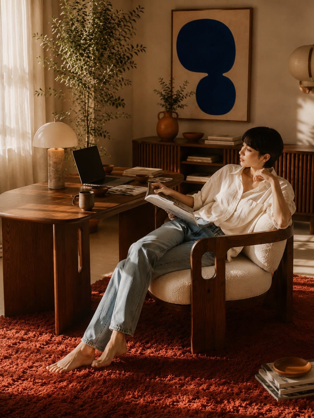 Reading in the Onda chair at a walnut desk