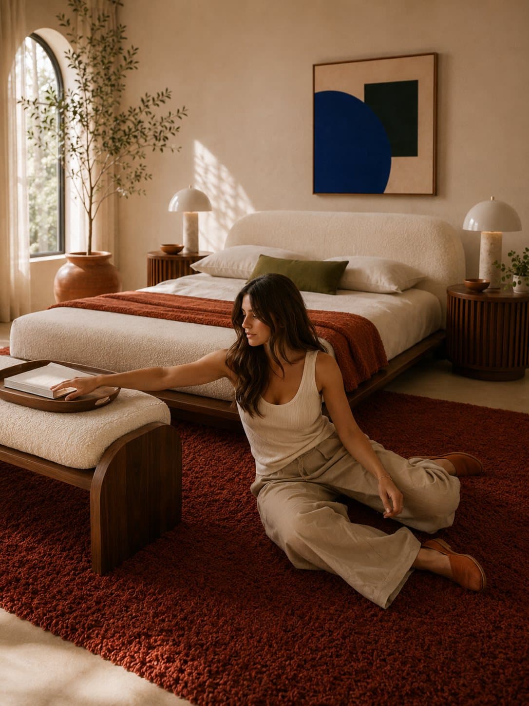 A woman seated on the rug beside the low Reposo bed