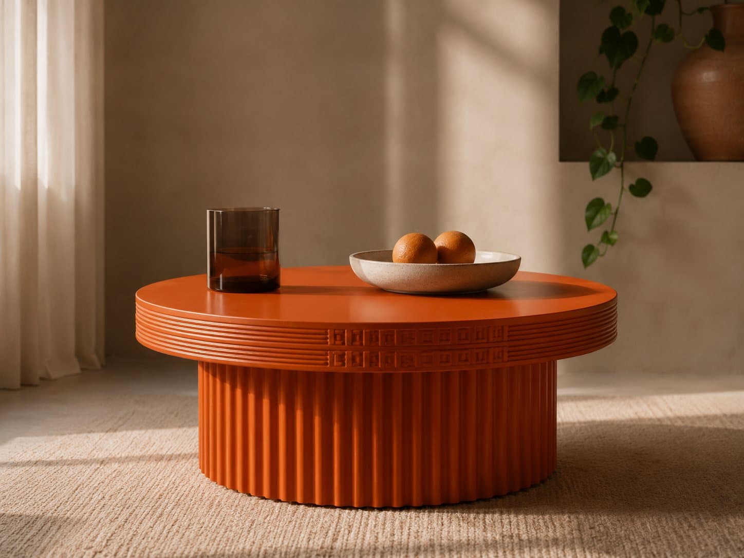 The Tambor coffee table: a round, hand-fired terracotta drum with a fluted skirt